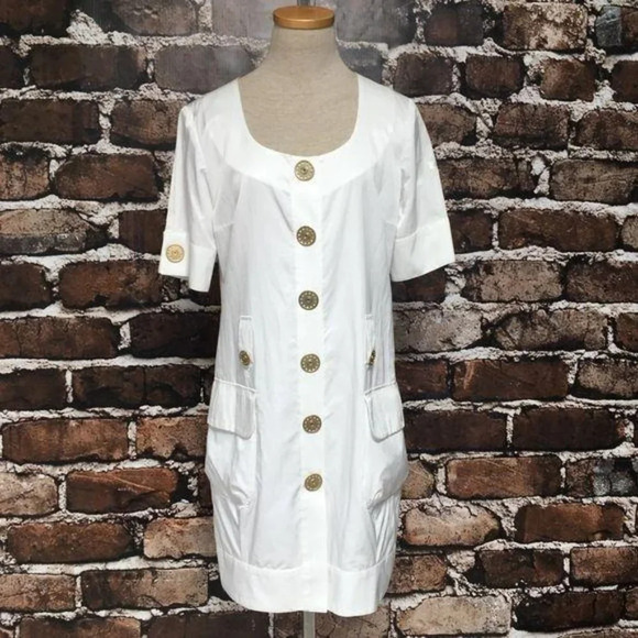 Airfield Shirt Dress White Gold Hardware Belted Short Sleeves German Size Small - Picture 1 of 12